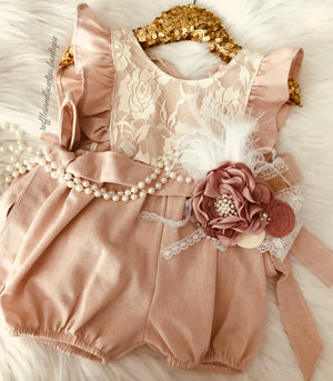 Baby Girls Elizabeth Dusty Pink Lace Ruffled Cap Sleeve Baby Romper/Jumper