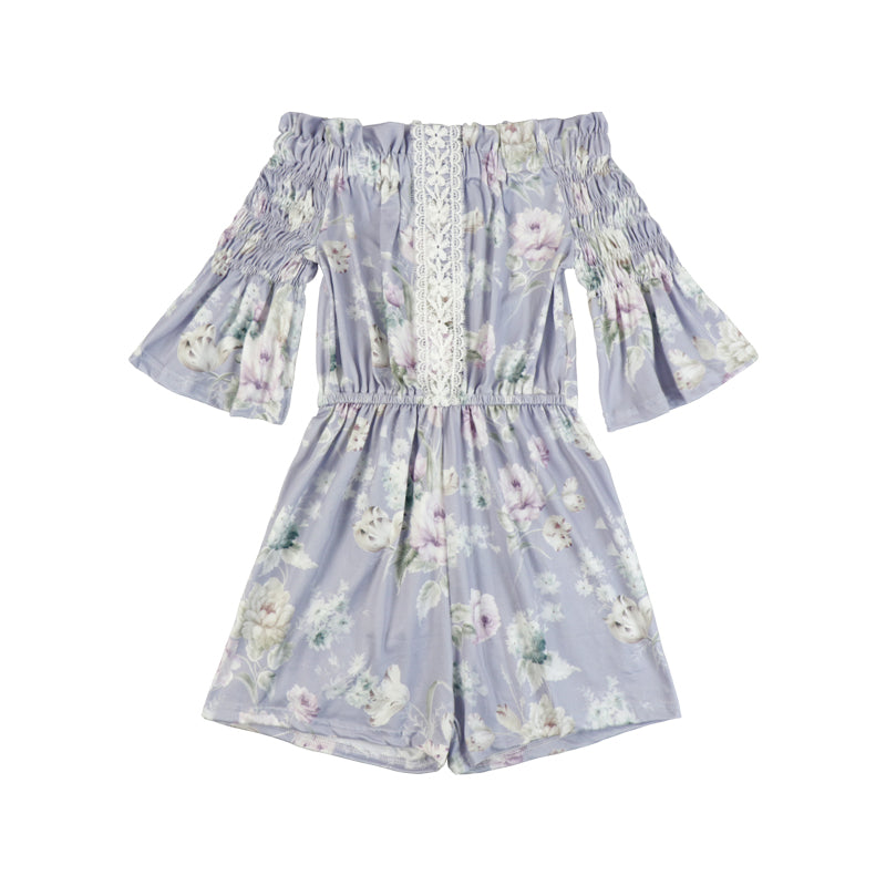Kryssi Kouture Violet Spring Bloom Lace & Floral Off Shoulder Romper
