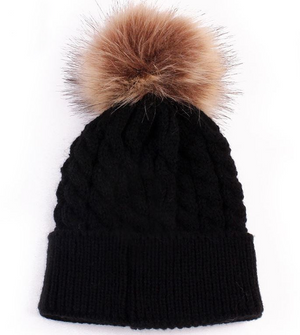 Kids Black Cable Brown Pom Faux Fur Pom Hat - 18