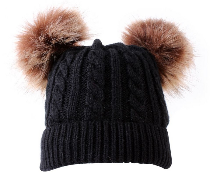 Kids Black Cable Double Brown Pom Faux Fur Pom Hat - 19