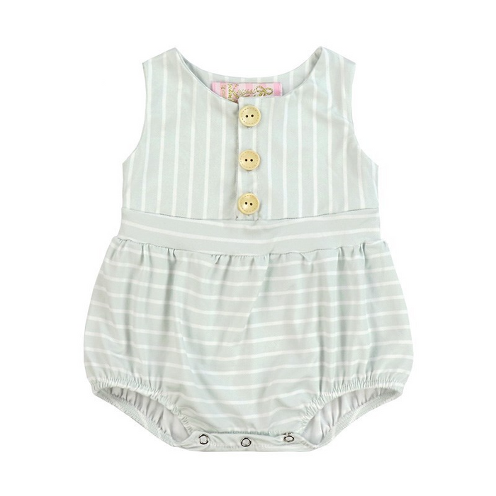 Girls Light Green Stripes & Buttons Romper