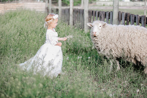 White - Sarah Lee 2 Pc  Long Sleeve Lace Top and Tulle Skirt Flower Girl Set