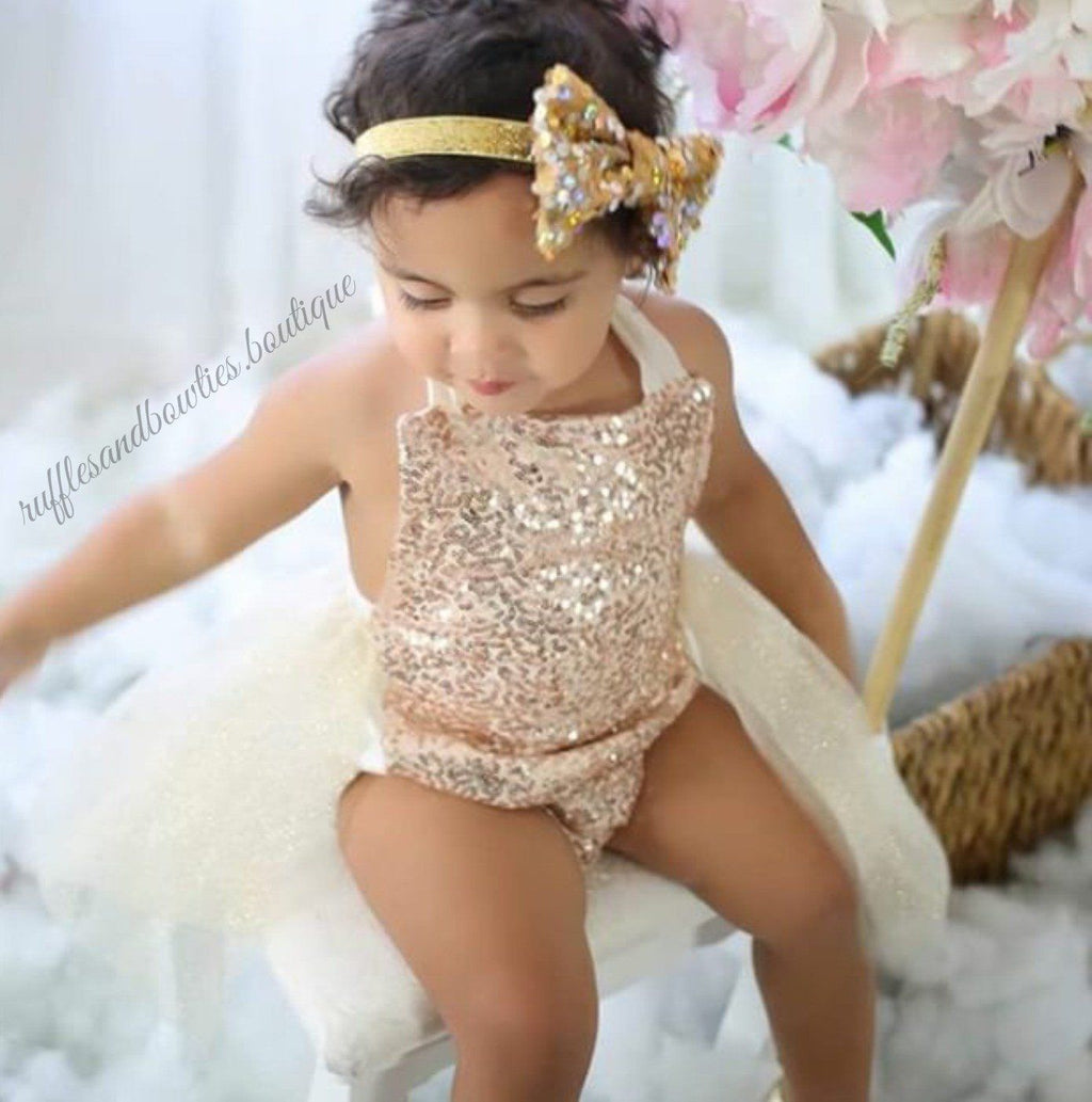 ***KRYSSI KOUTURE EXCLUSIVE**** Valentina Glitz Cream & Sparkle Gold Sequin Tutu Romper