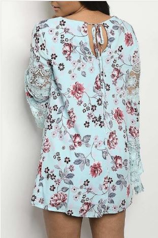 Oriental Bloom Lantern Lace Sleeve Tunic - Aquamarine