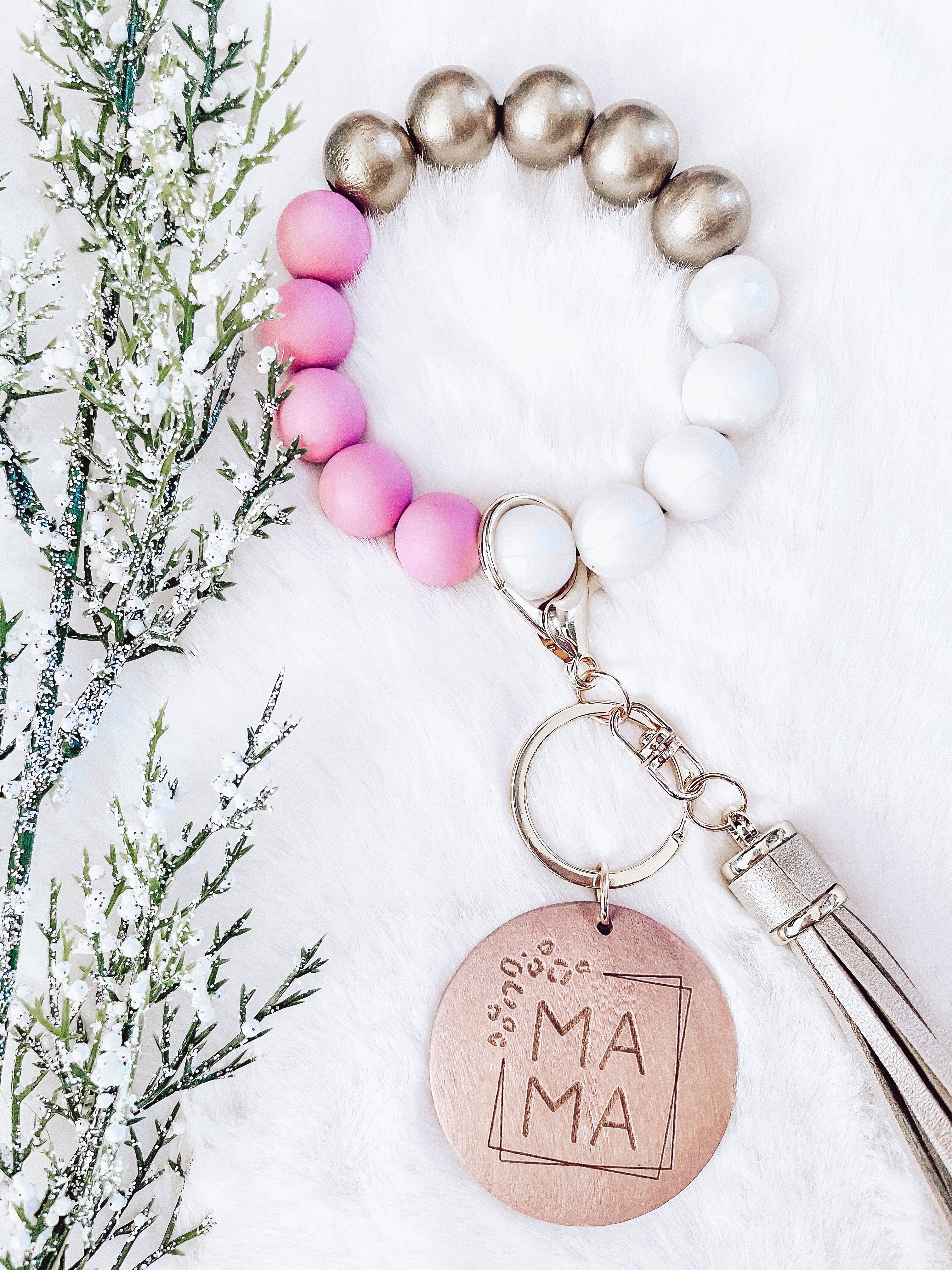 Trending Bright Pink & Ivory Bracelet Key Chain - Mama