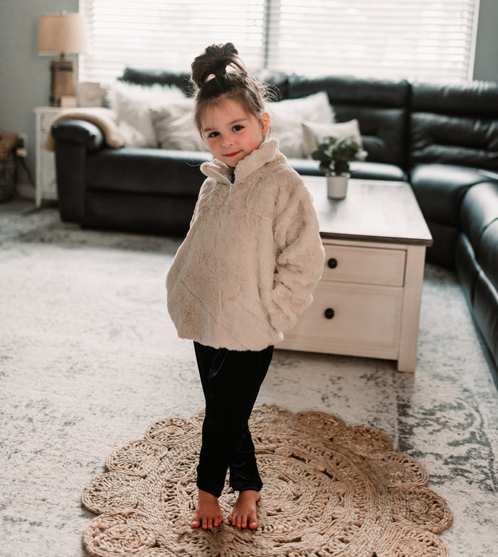 Girls Ivory Fleecy Half Zip Pocket Jacket