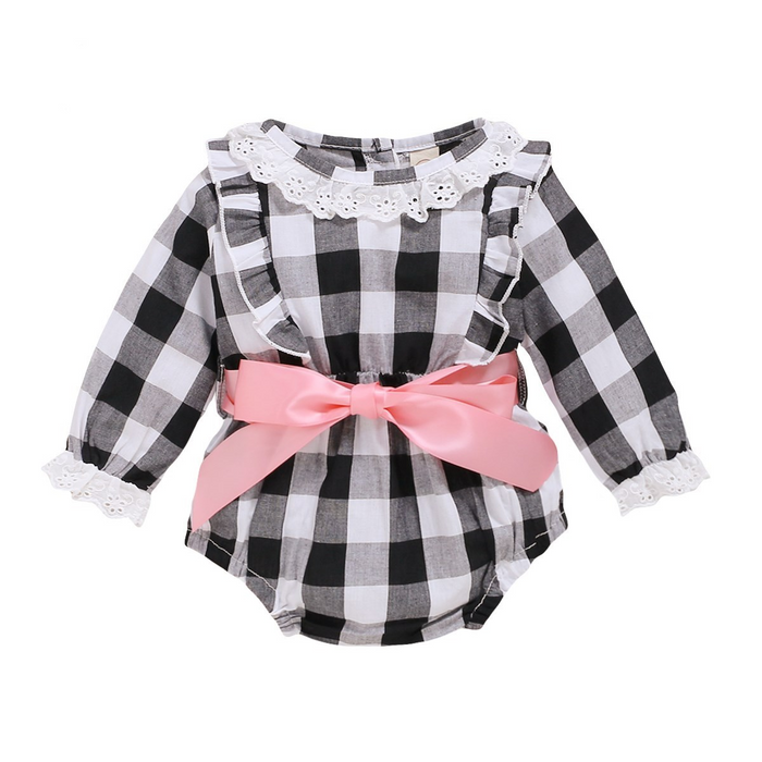 Black & White Check Romper with Pink Ribbon
