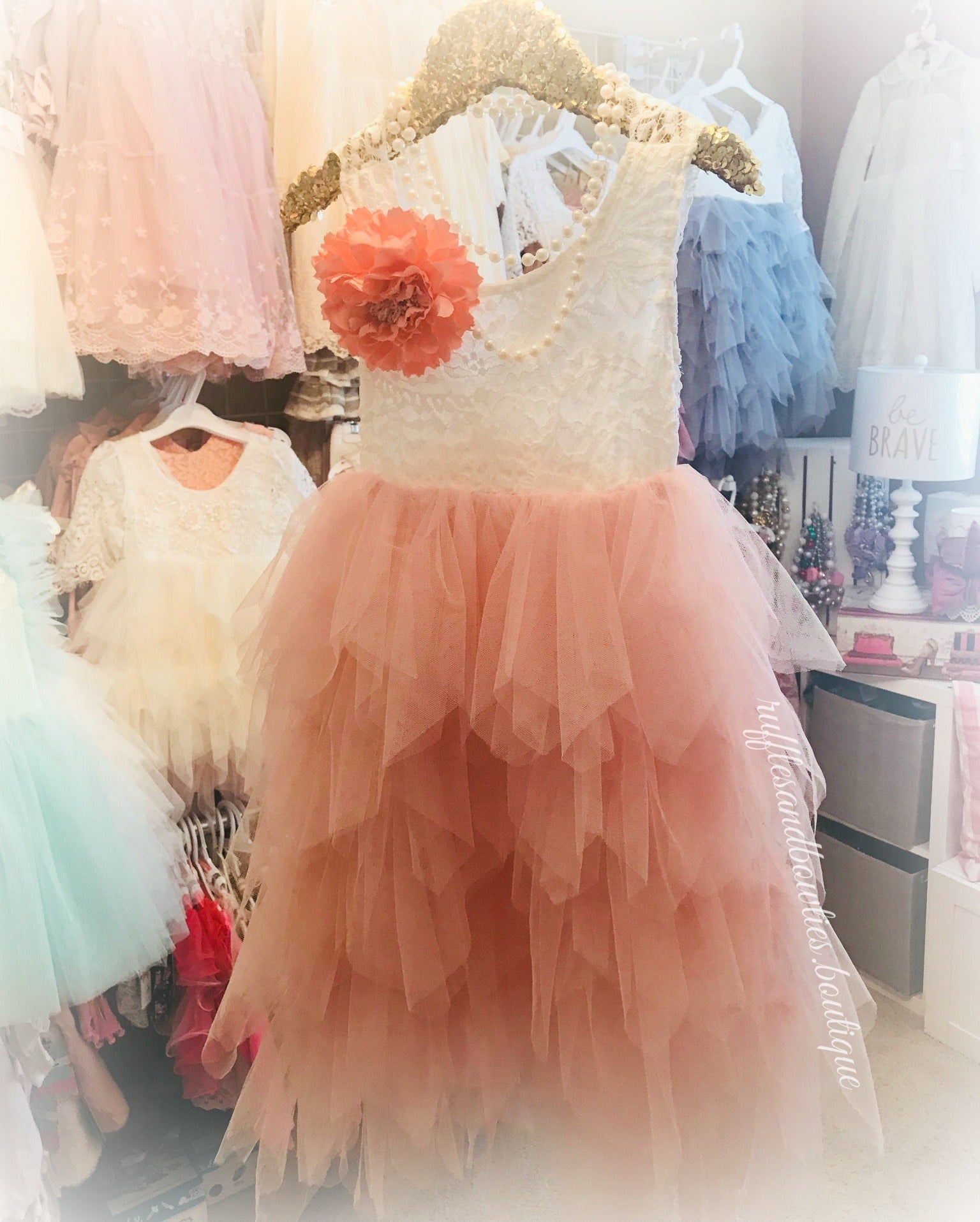 Veronica Soft White Eyelash Lace with a Blush Long Tutu Skirt - Princess Dress