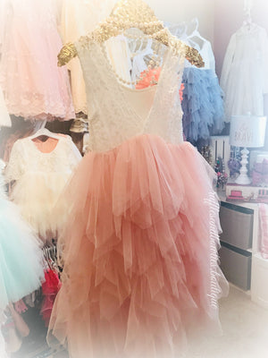 Veronica Soft White Eyelash Lace with a Blush Long Tutu Skirt - Princess Dress