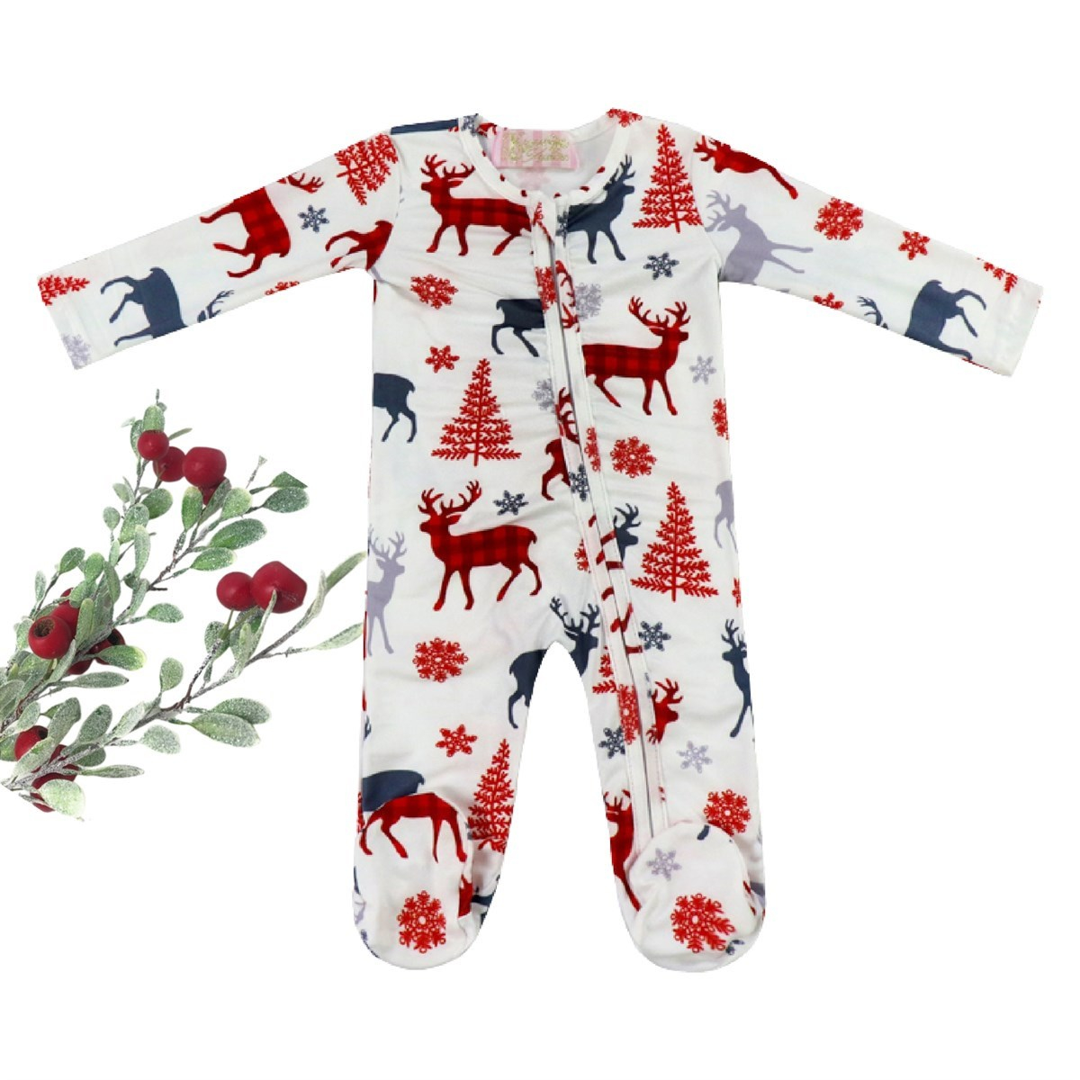 Holiday Zippies Sleepers with red christmas trees, and blue & red buffalo plaid deer pattern on white.