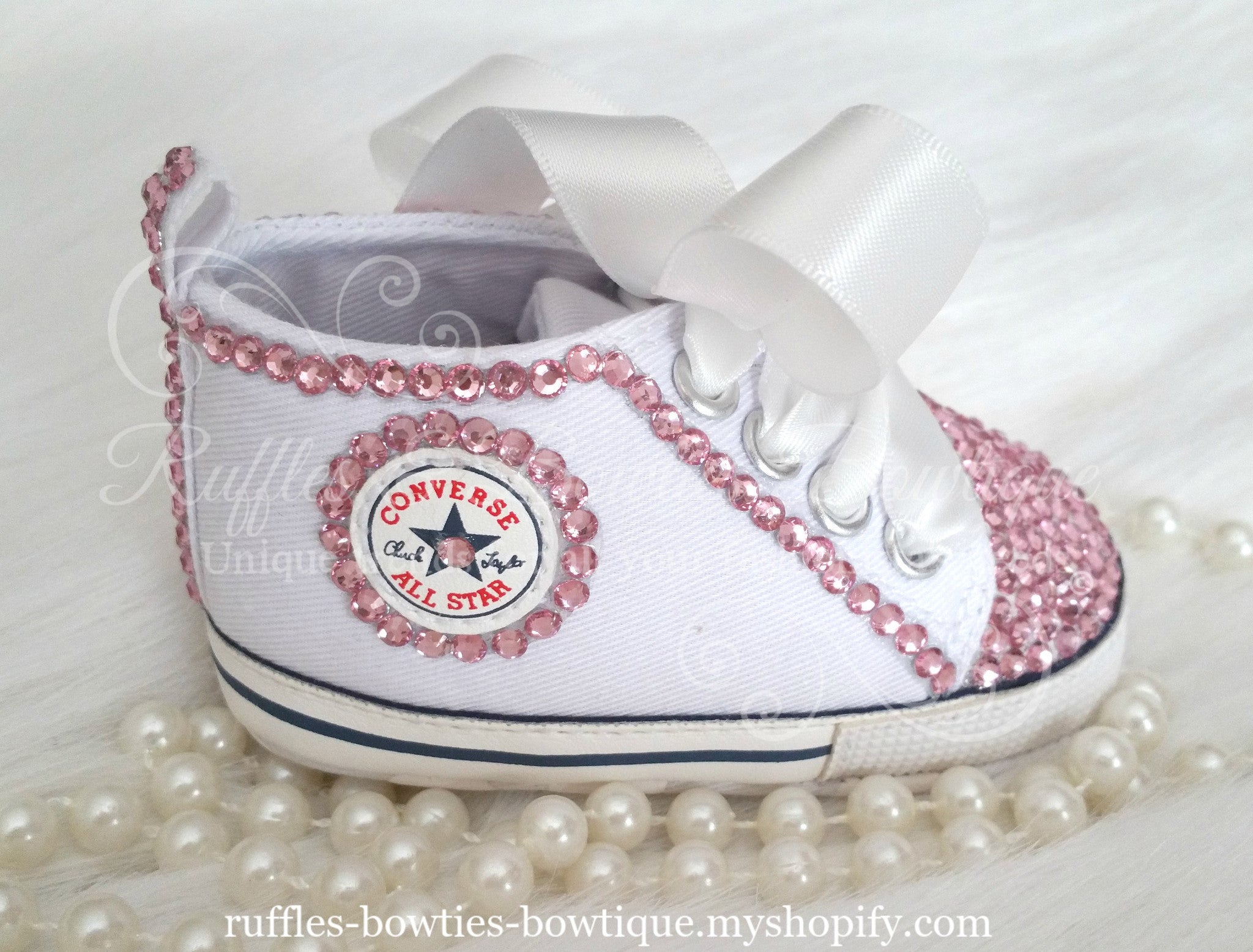 White Crystal Baby Converse High Tops - Crystal Shoes - Pre Walker Shoes - Baby Girl Shoes - Wedding - Christening - Baptism - Baby - Pink Crystals - Ruffles & Bowties Bowtique - 1