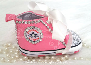 Crystal & Pearl Baby Converse High Tops - Crystal Shoes - Pre Walker Shoes - Baby Girl Shoes - Wedding - Christening - Baptism - Baby - Hot Pink,  - Ruffles & Bowties Bowtique