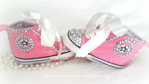 Crystal & Pearl Baby Converse High Tops - Crystal Shoes - Pre Walker Shoes - Baby Girl Shoes - Wedding - Christening - Baptism - Baby - Hot Pink - Ruffles & Bowties Bowtique - 3