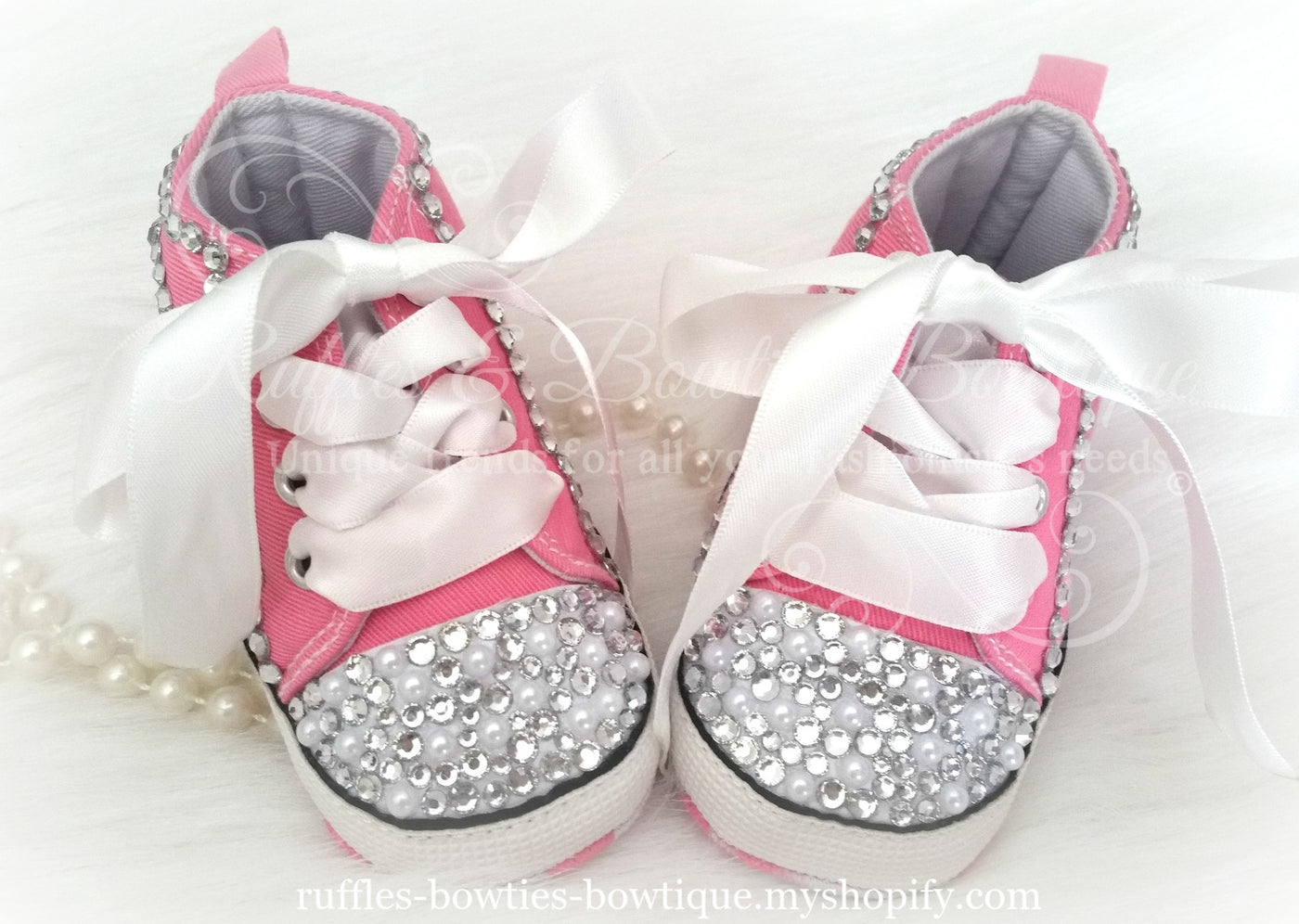 aflange skulder Necklet Crystal & Pearl Baby Converse High Tops - Crystal Shoes - Pre Walker Shoes  - Baby Girl Shoes - Wedding - Christening - Baptism - Baby - Hot Pink |  Ruffles & Bowties Bowtique/ 2127491 ALBERTA LTD