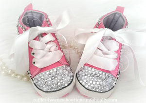 Crystal & Pearl Baby Converse High Tops - Crystal Shoes - Pre Walker Shoes - Baby Girl Shoes - Wedding - Christening - Baptism - Baby - Hot Pink - Ruffles & Bowties Bowtique - 4