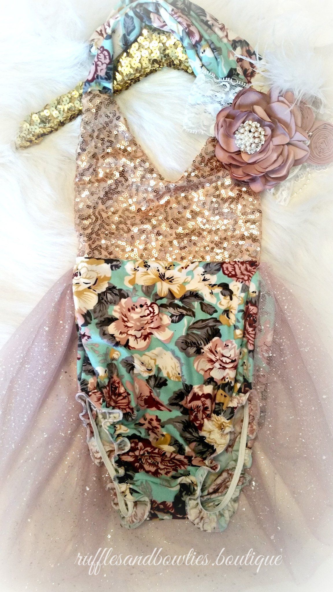 ***KRYSSI KOUTURE EXCLUSIVE*** Aqua, Dusty Mauve & Gold Sequin Floral Vintage Tutu Romper