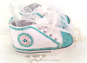 Baby Girl Crystal Shoes White Converse Hightops with Aqua Crystal Accents and Lace Laces