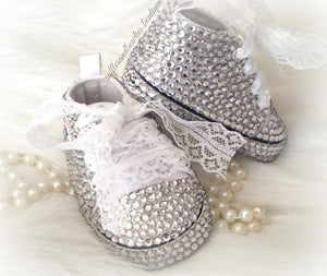 Baby Girl 100% Crystal Shoes with Accents Lace Laces - Christening Shoes