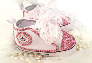 Baby Girl Crystal Shoes - White & Pink Crystal Baby Converse High Tops