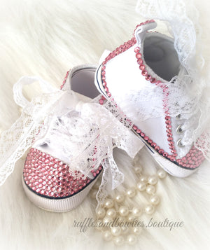 Baby Girl Crystal Shoes - White & Pink Crystal Baby Converse High Tops