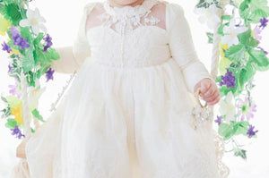 Kryssi Kouture Grace & Lace Girls Ivory Lace and Pearl Long Sleeve Tulle Dress