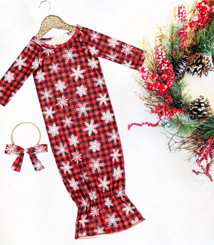 2 Pc Baby Holiday Buffalo Plaid Snowflake Sleep Gown with Headband