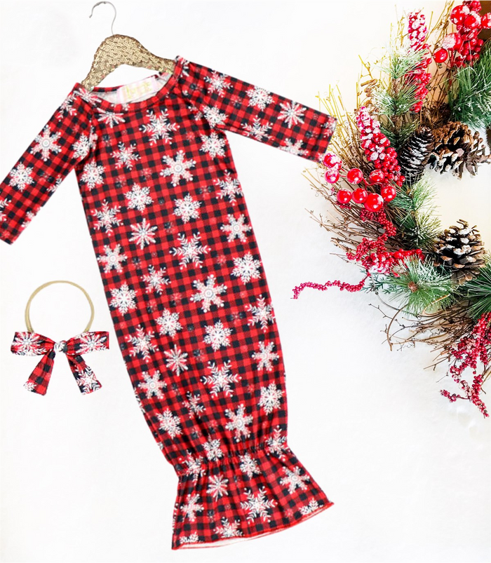 2 Pc Baby Holiday Buffalo Plaid Snowflake Sleep Gown with Headband