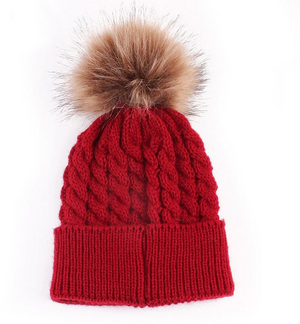 Kids Red Cable Brown Pom Faux Fur Pom Hat - 20