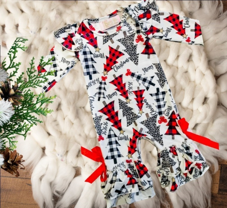 Baby & Toddler Ruffled Romper Jumpsuits - Plaid & Leopard Trees. Has buffalo plaid, black check & leopard trees. It also says merry christmas, & hohoho.