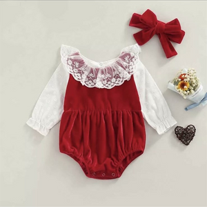 Baby Girl Vintage Lace Red Velvet - White Sleeves Romper. Has a white lace ruffle collar.