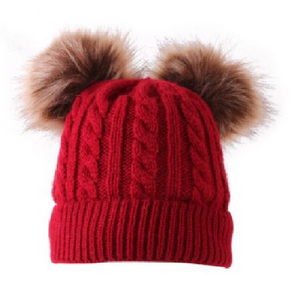 Kids Red Cable Double Brown Pom Faux Fur Pom Hat - 21