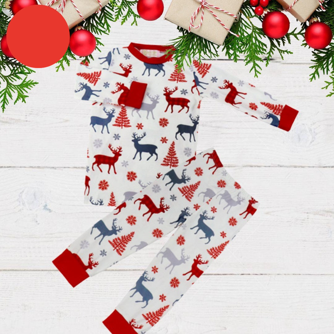 Kids 2 Pc Pajamas - Blue, Grey, & Buffalo Plaid Reindeer + Red Christmas Trees