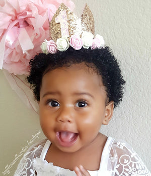 Pink and Gold Glitter First and Second Birthday Floral Princess Crown - One or Two