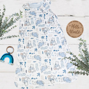 full length baby sleeveless sleep bag with blue tinge pooh bear print. unisex.