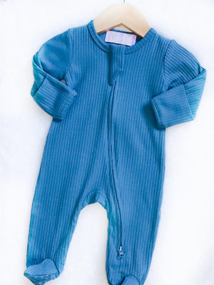 Organic Cotton 2-Way Zippies & Rompers - Dusty mauve, Ivory & Blue Rib Zippies