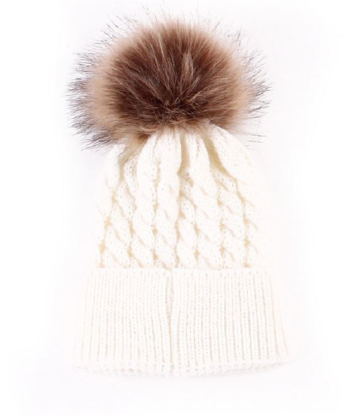 Kids Cream Cable Brown Pom Faux Fur Pom Hat - 22