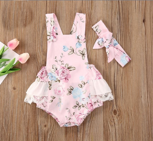 Girls Pink Suspender Rose Floral Romper
