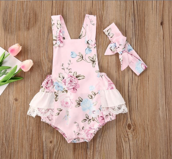 Girls Pink Suspender Rose Floral Romper