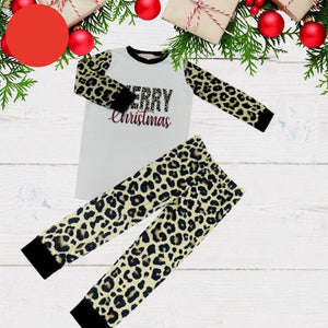 Kids 2 Pc Pajamas - Merry Christmas Leopard