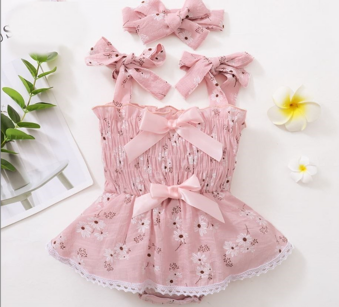 Girls Pink Skirted White Flowers 2 Bows Romper