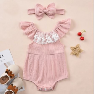 Girls Pink Off Shoulder Lace Romper