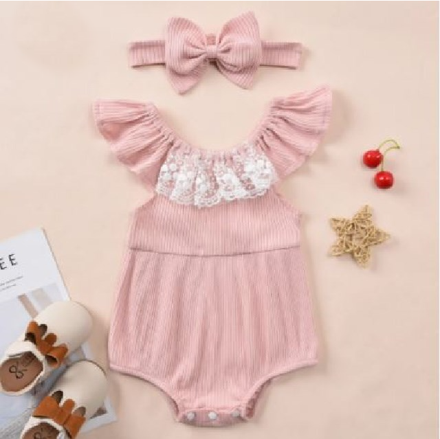 Girls Pink Off Shoulder Lace Romper