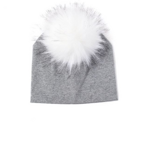 Kids Grey Knit White Pom Faux Fur Pom Hat - 24