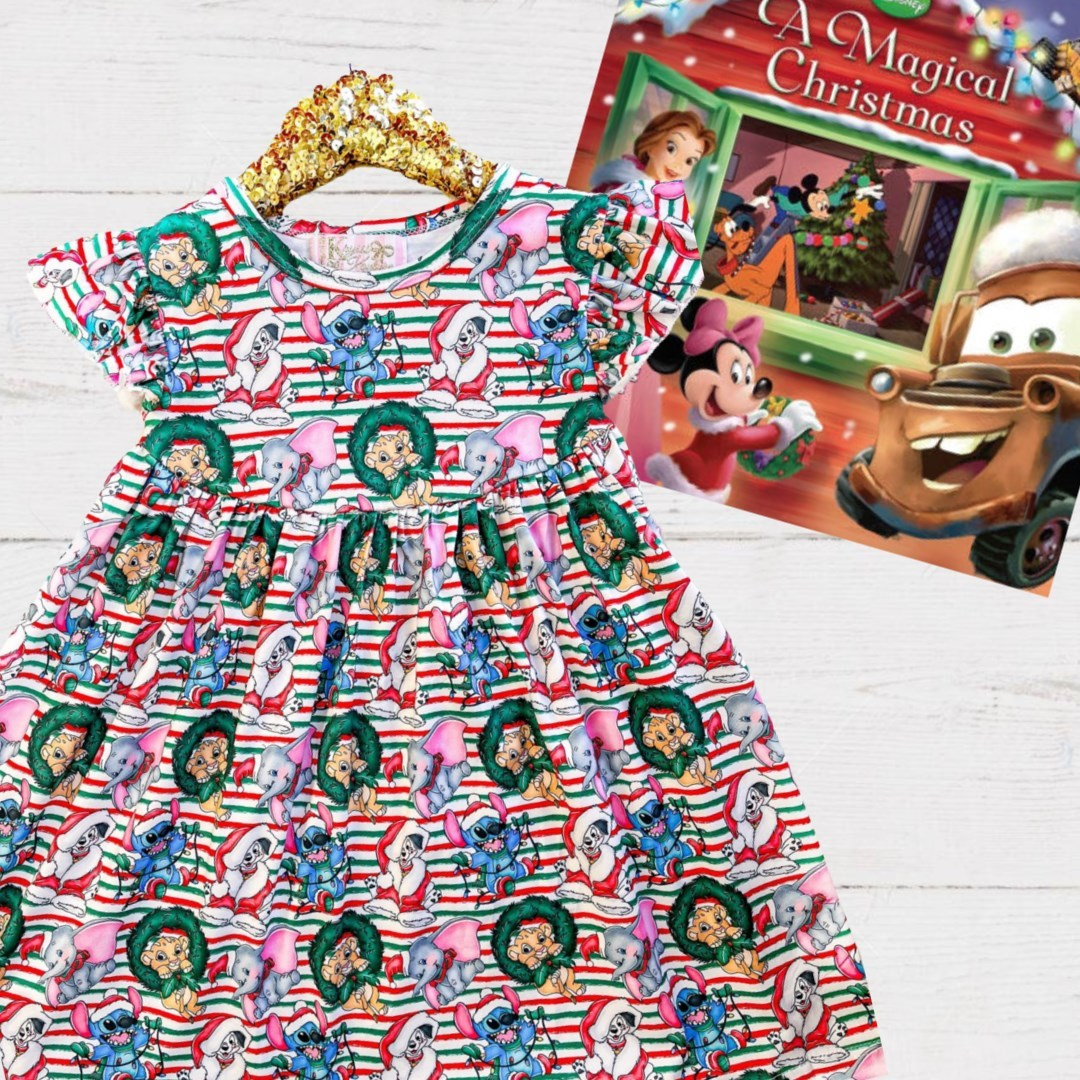 Girls Fun Vacation Character Dresses - Lion & Friends Wreath Stripes