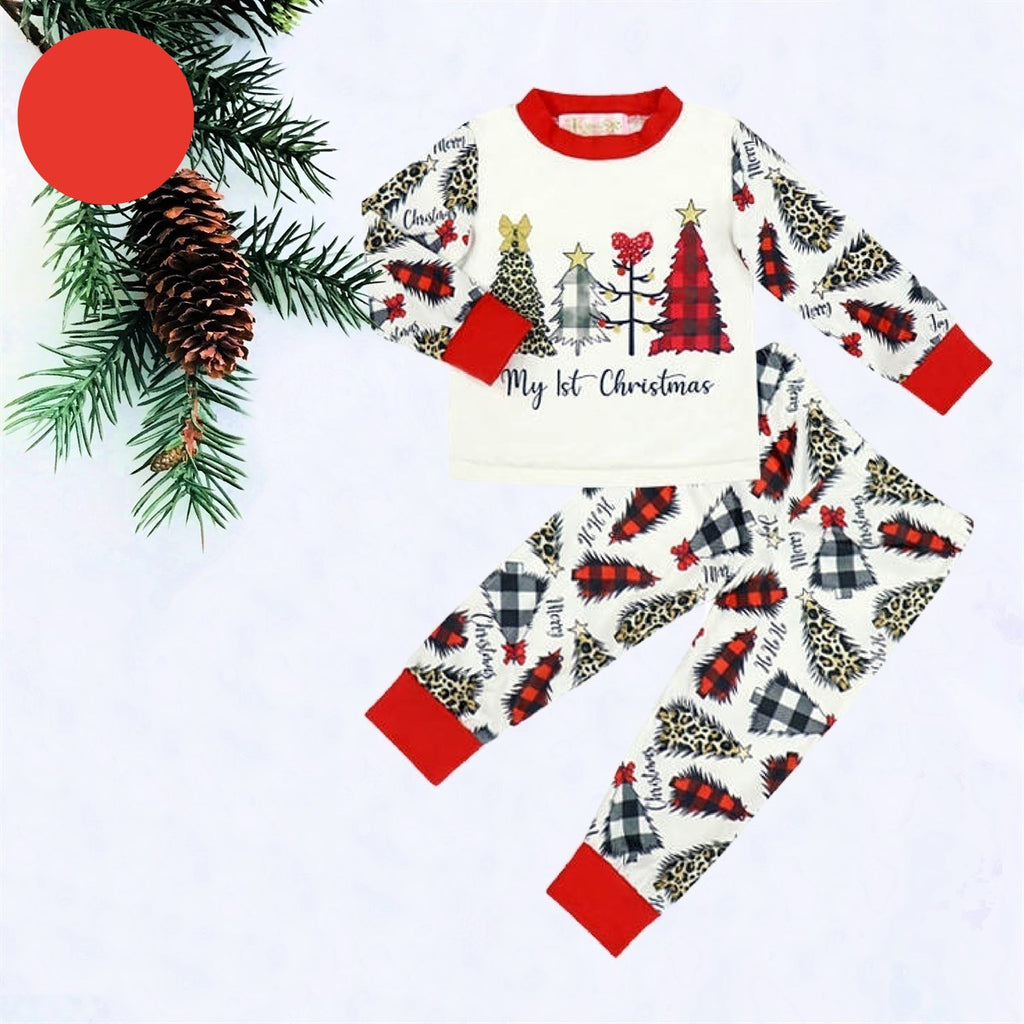 My First Christmas 2 pc Pajamas set - with leopard, black plaid, & red buffalo plaid trees
