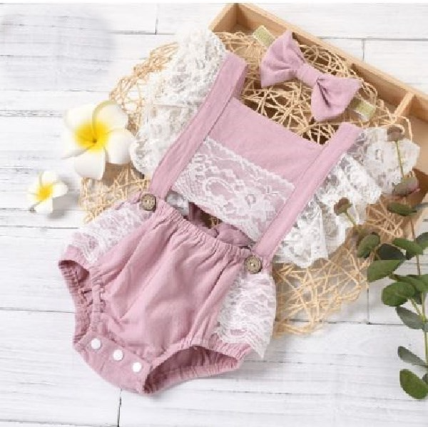 Girls Dusty Rose Lace Peek A Boo Romper