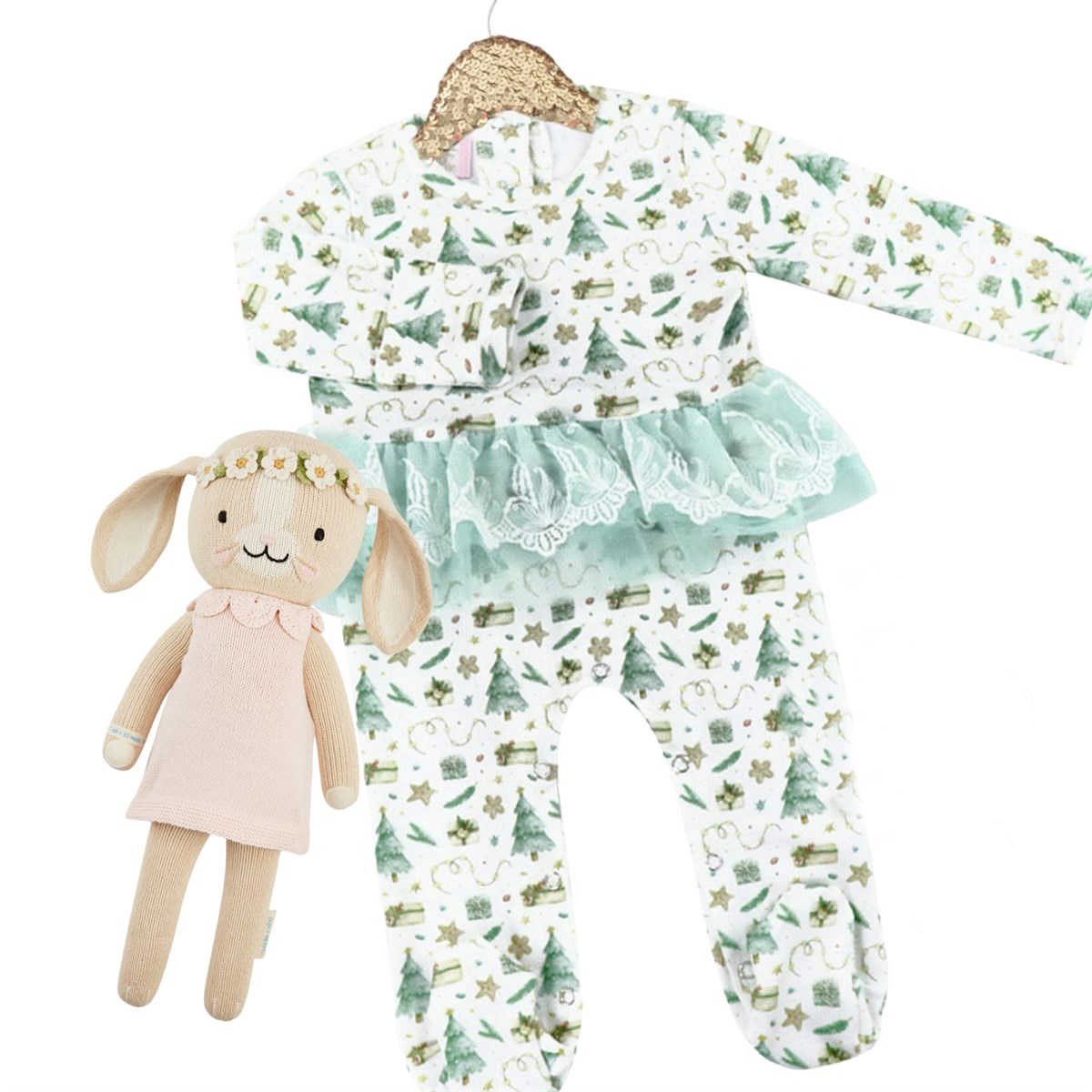 Kryssi Kouture Sienna Holiday Infant Deluxe Tutu Jumpsuit - White & Blue Trees Tutu. Includes green trees, presents & stars. The tutu around the waist is also green/blue.