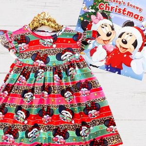 Girls Fun Vacation Character Dresses - Red Plaid Mouse In Sunglasses. Stripes include: leopard, red, pink, & green.