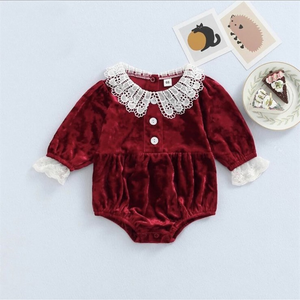 Baby Girl Vintage Lace Red Velvet - Buttons Romper. has buttons on the chest area, lace around the wrists, and lace scallop style around the collar.