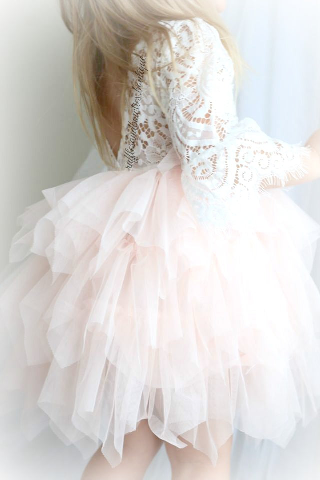 Veronica Soft White Eyelash 3/4 Sleeve Lace with a Peach Short Tutu Skirt - Princess Dress